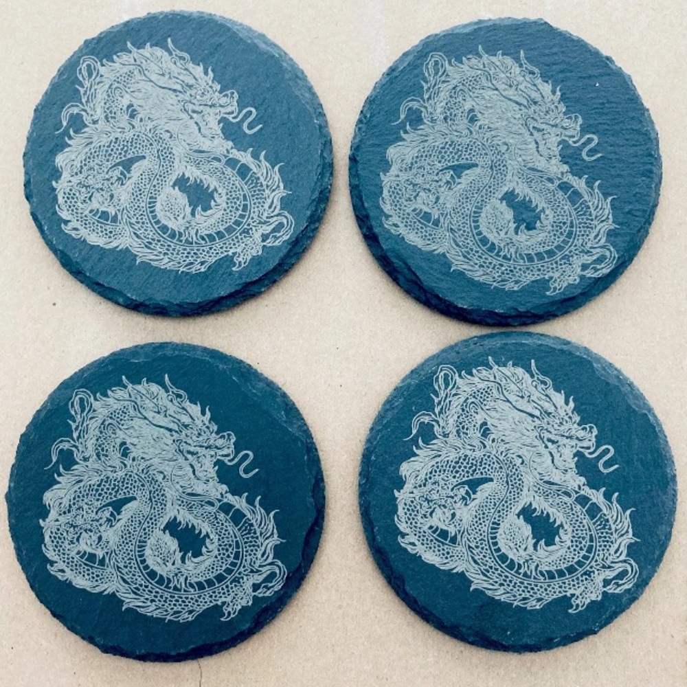 Handmade Coaster slate dragon engraved set of 4